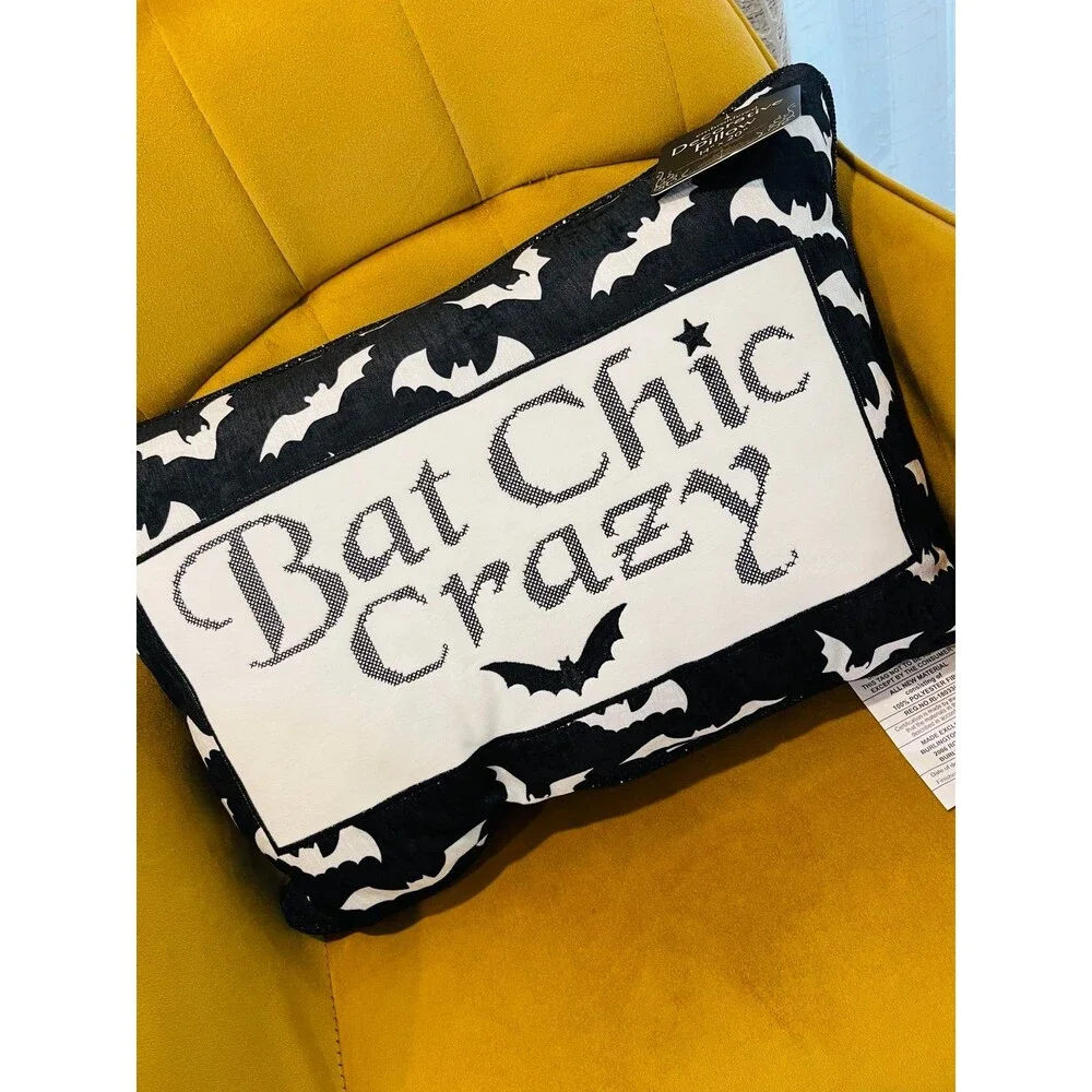 EMBROIDERED BAT CHIC CRAZY Halloween Pillow